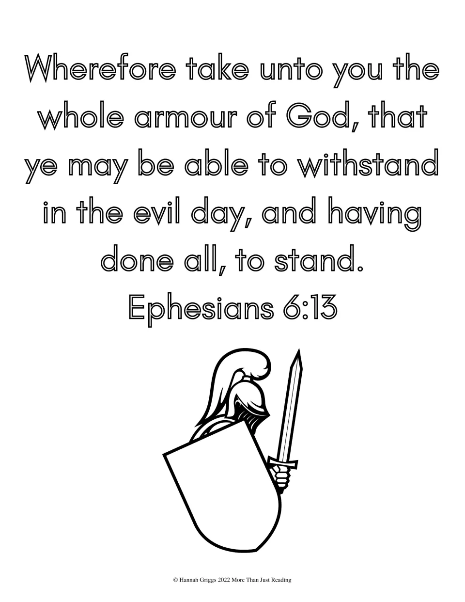 Ephesians 6:13, take unto you the whole armour of God, in hollow letters to color, above a plumed soldier behind a shield