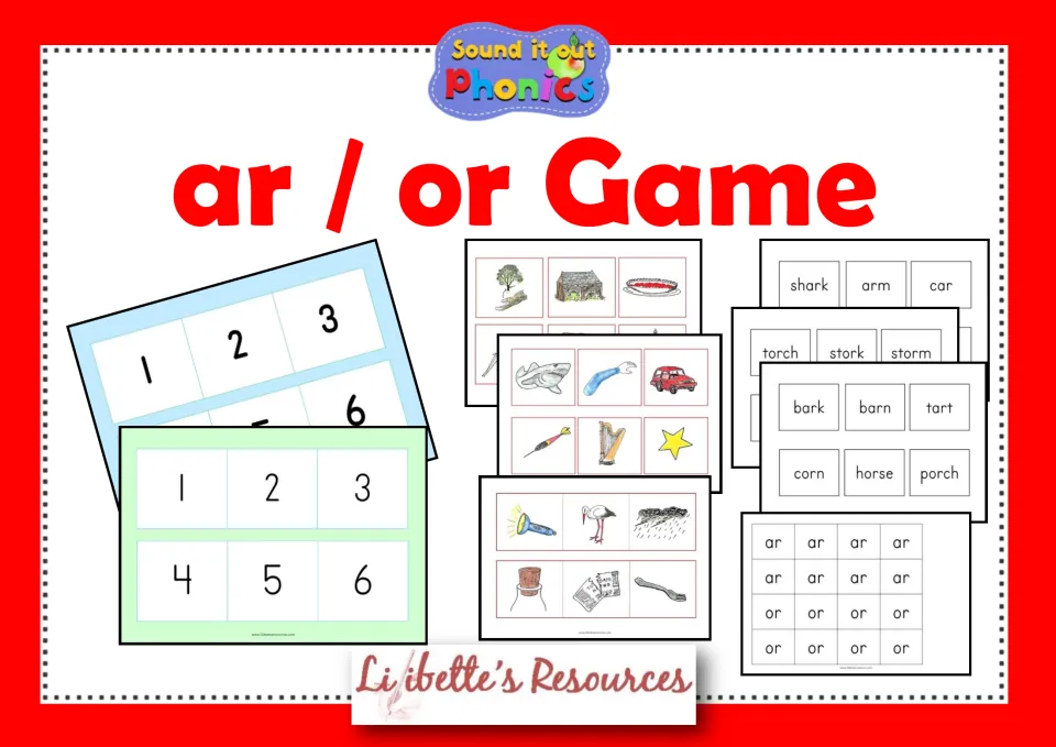 ar / or Game cover from Sound it out Phonics: two numbered baseboards, picture cards, word cards and ar/or letter cards
