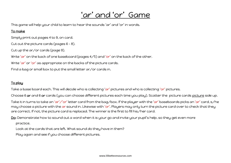 ar and or sound game instructions: how to print and cut the cards, then take turns drawing letter cards to fill a board