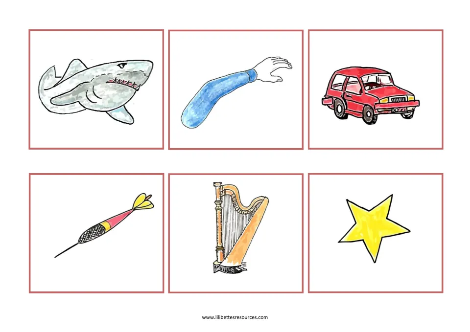 ar picture cards to cut out: shark, arm, car, dart, harp and star, for players to say aloud and listen for the ar sound