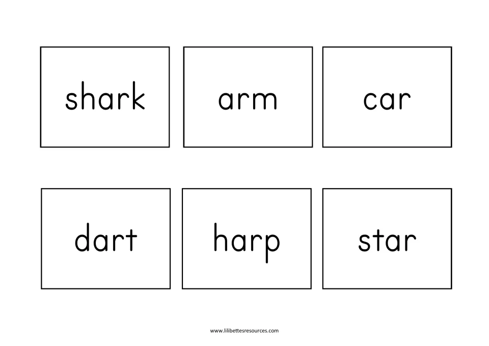 Word cards for the ar pictures: shark, arm, car, dart, harp and star, in large lowercase print to match each picture