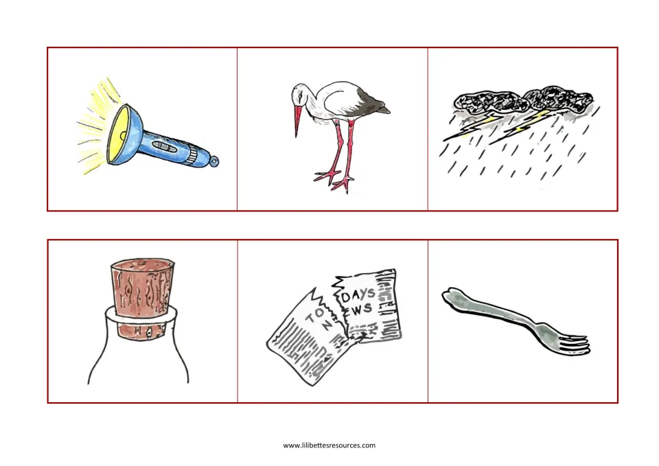 or picture cards to cut out: torch, stork, storm, cork, torn paper and fork, for hearing the or sound in spoken words