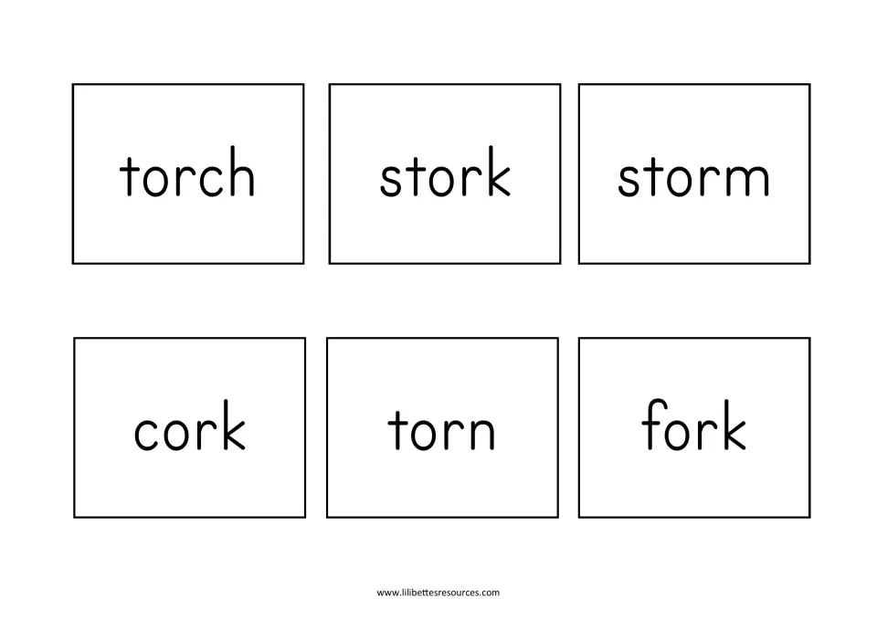 Word cards for the or pictures: torch, stork, storm, cork, torn and fork, in large print for reading and matching to images
