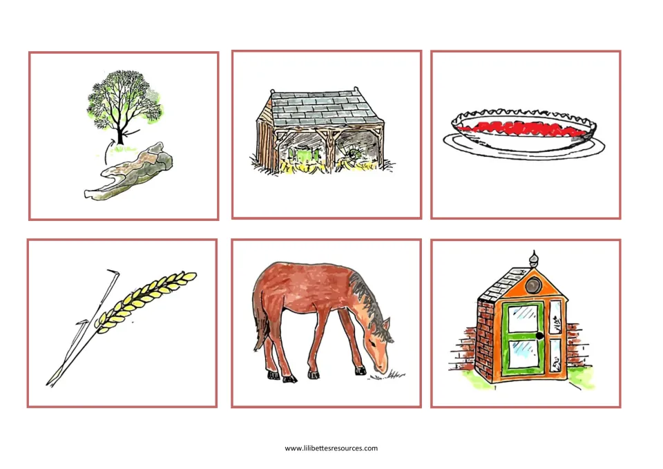 Mixed ar and or picture cards: bark, barn, tart, corn, horse and porch, so players sort each picture by its sound