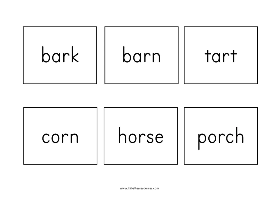Word cards for bark, barn, tart, corn, horse and porch, mixing ar and or spellings for children to read and sort by sound