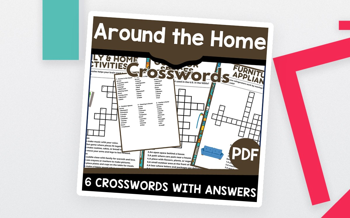Around the Home Crosswords cover with six crossword worksheet previews and answers badge