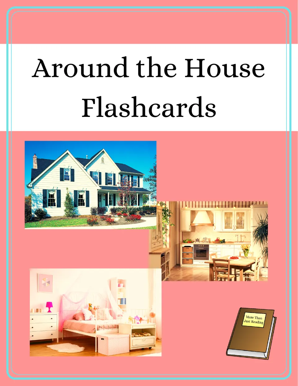 Around the House Flashcards cover showing photos of a two-story house, a kitchen with dining table and a pink bedroom