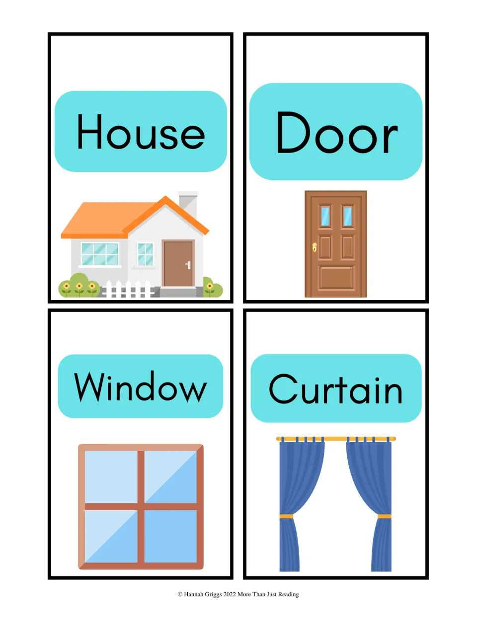 House parts vocabulary: picture cards for house, door, window and curtain, each word shown above a matching drawing