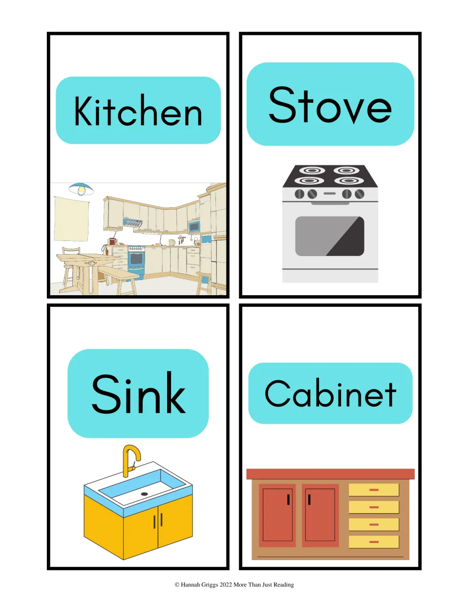 Kitchen vocabulary cards: kitchen, stove, sink and cabinet, each word paired with a picture clue to read aloud