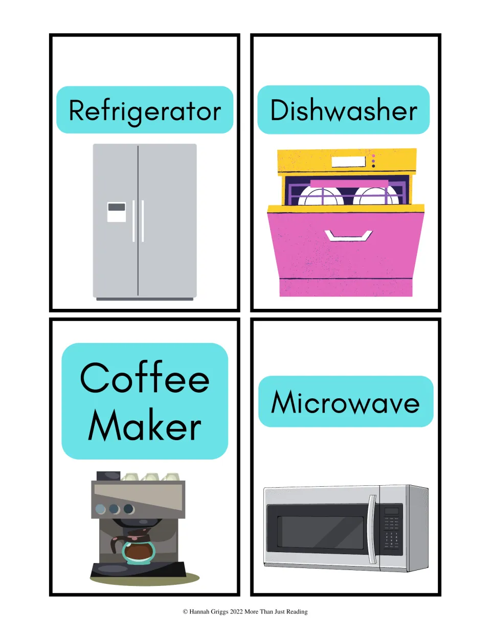 Kitchen appliance word cards: refrigerator, dishwasher, coffee maker and microwave, each word above its picture