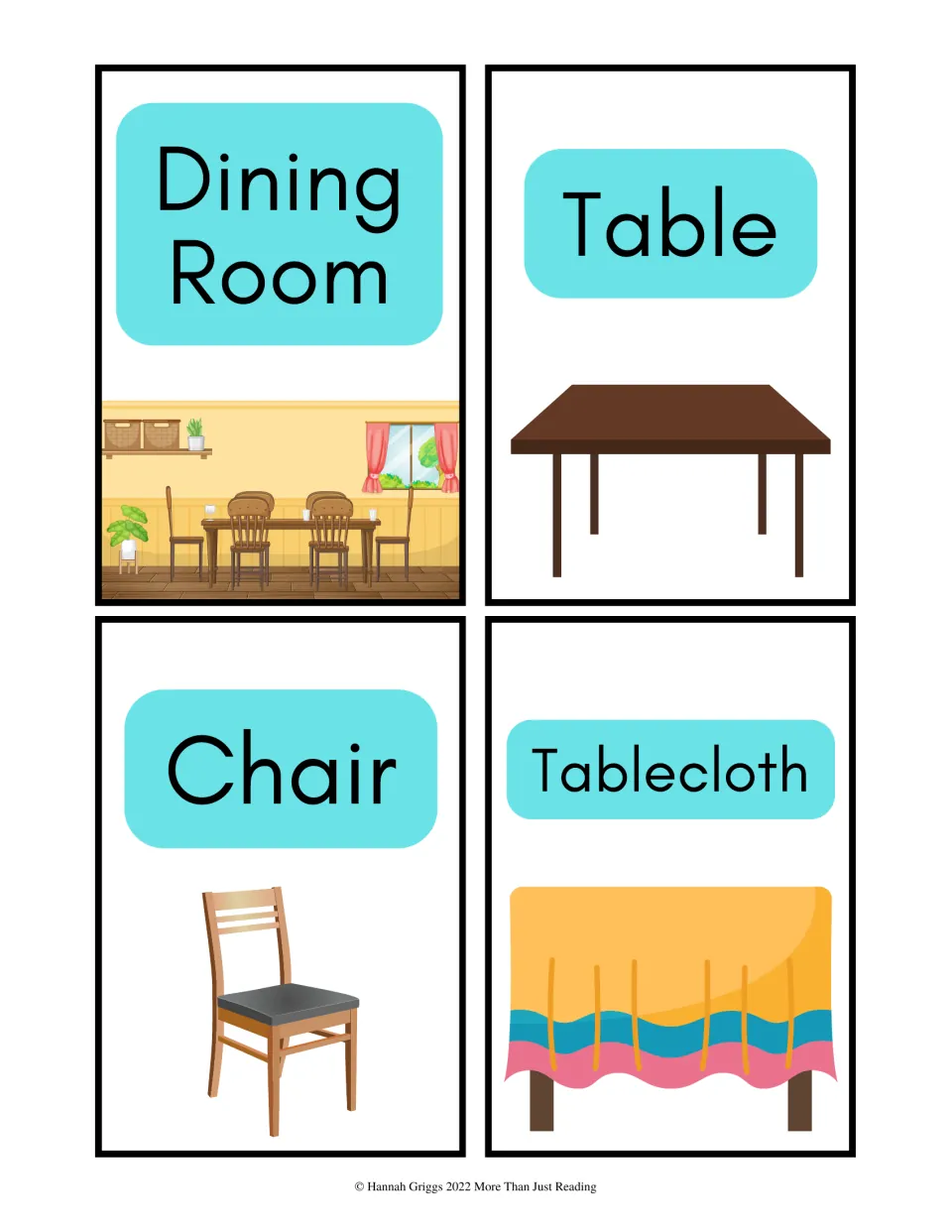 Dining room word cards: dining room, table, chair and tablecloth, each word with a picture to help students read it
