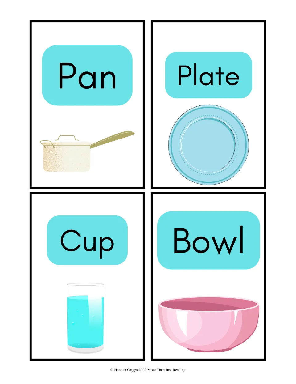 Dishes vocabulary: four picture cards naming pan, plate, cup and bowl, with a drawing of each item under the word