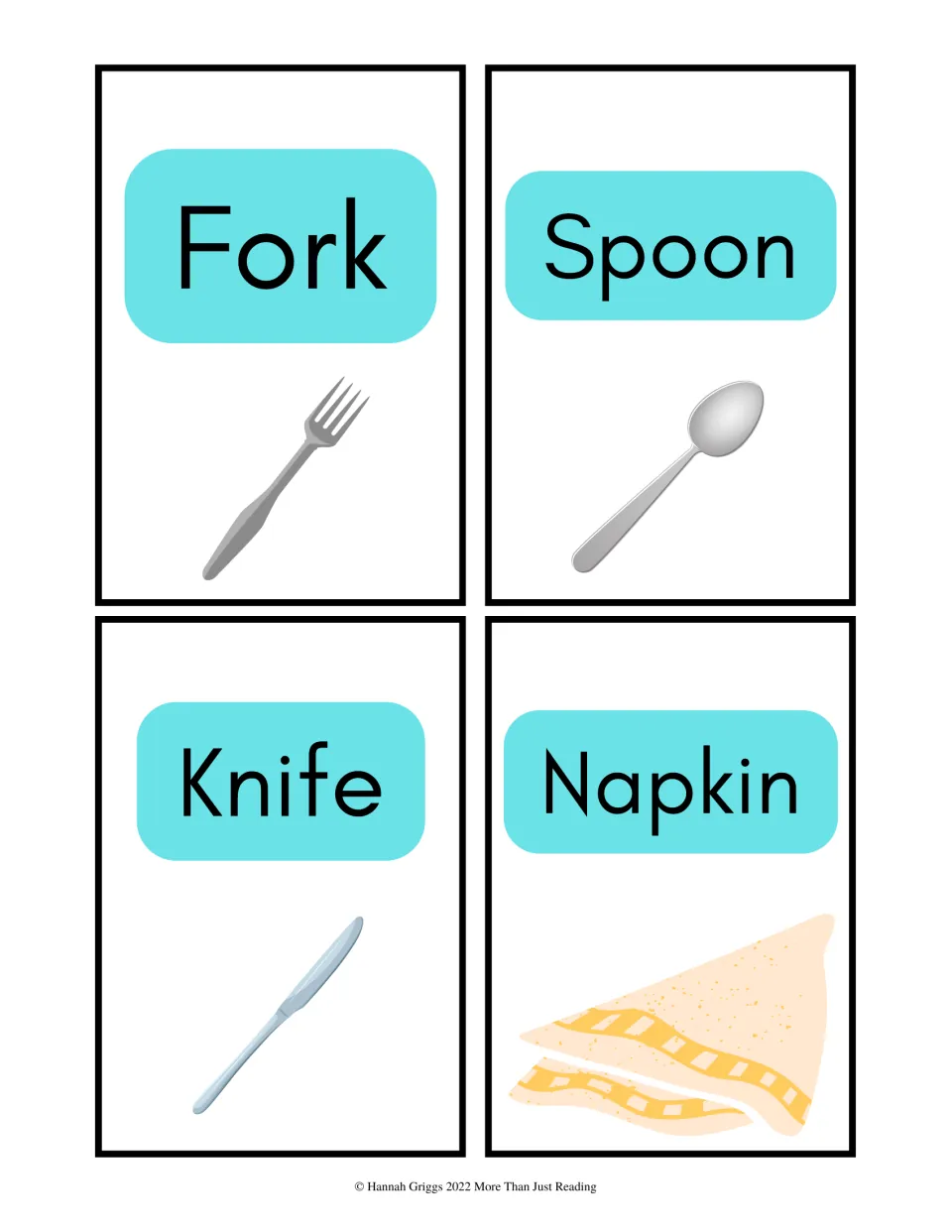 Table setting word cards: fork, spoon, knife and napkin, each word shown with a drawing of the object