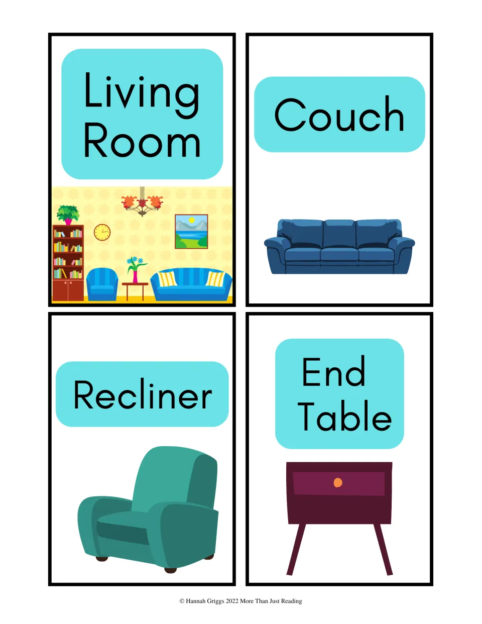 Living room vocabulary cards: living room, couch, recliner and end table, each word paired with a furniture picture clue