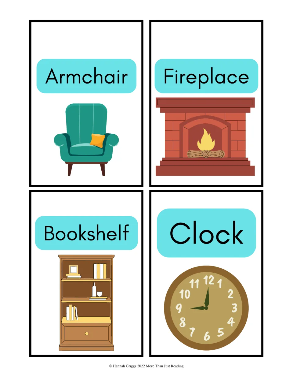 More living room words: picture cards for armchair, fireplace, bookshelf and clock, each word printed above its drawing