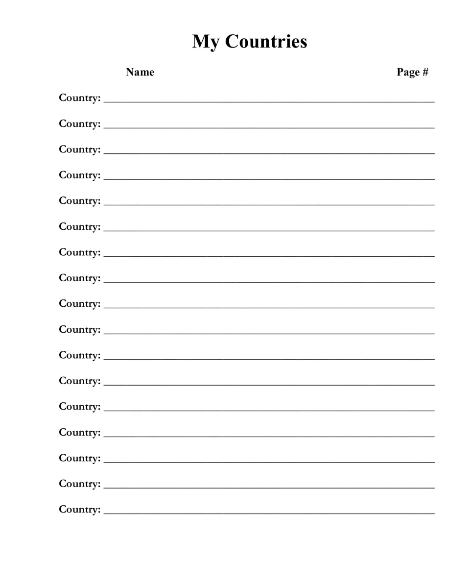 My Countries index provides space to record 17 country names and page numbers for a country study notebook