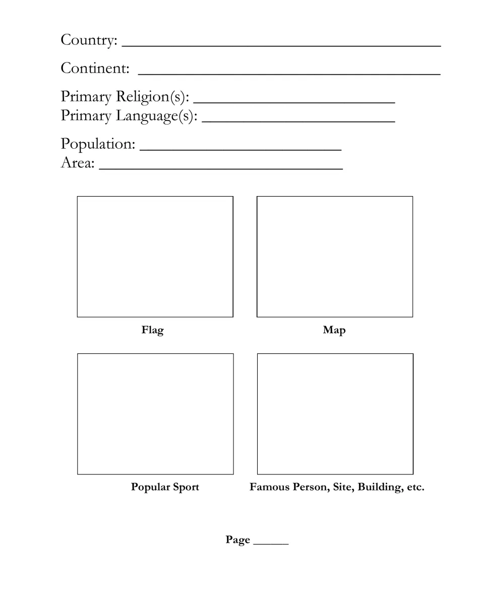 Reusable country research sheet asks for continent, religions, languages, population, area, and four picture topics