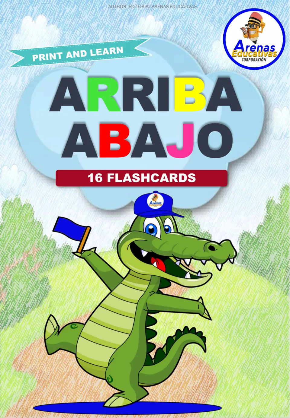 Arriba abajo cover: Print and Learn set of 16 flashcards for the Spanish words for up and down, with a waving crocodile