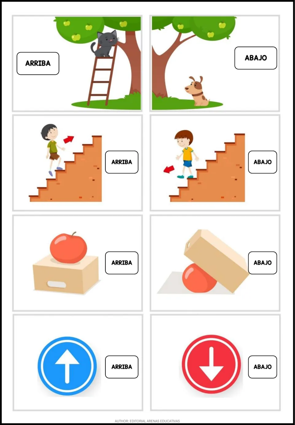 Arriba/abajo picture cards: cat up a ladder, dog under a tree, boys going up and down stairs, apple on or under a box
