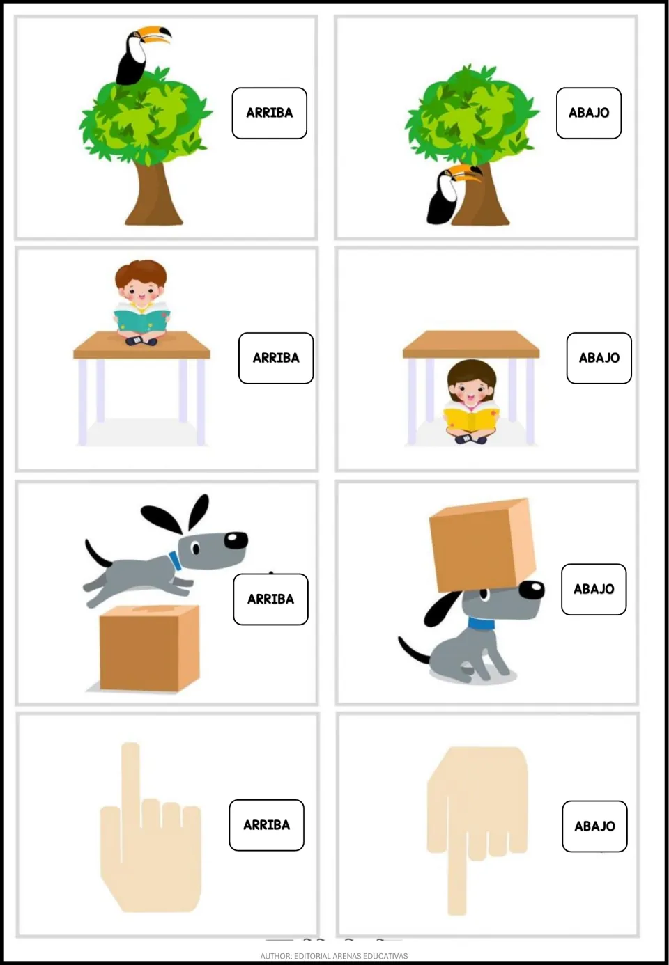 Second arriba/abajo set: toucan and tree, child on or under a table, dog over or under a box, hand pointing up or down