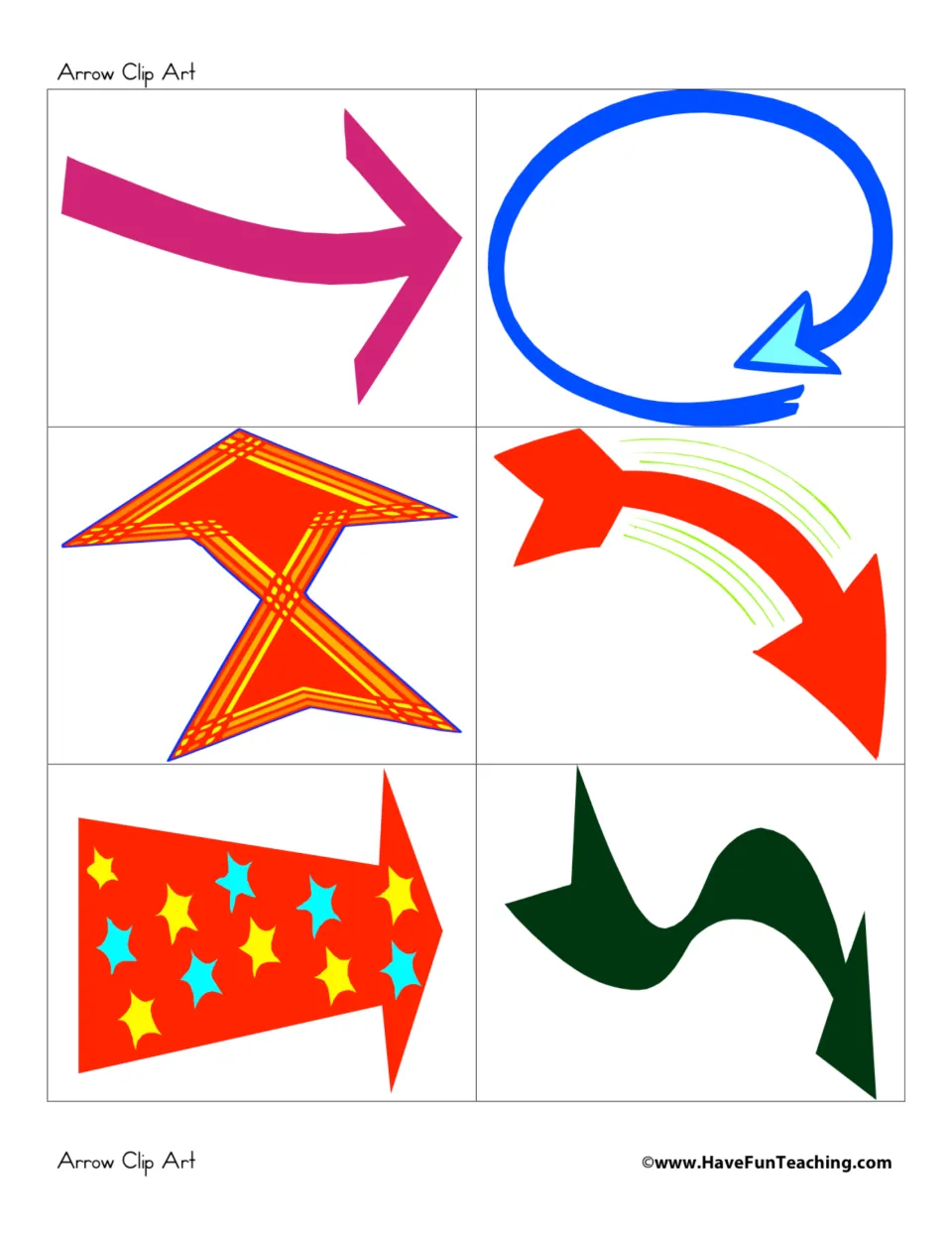 Six arrows to cut out: curved magenta, blue loop, orange zigzag, red curve, star-patterned red and dark green S-shaped