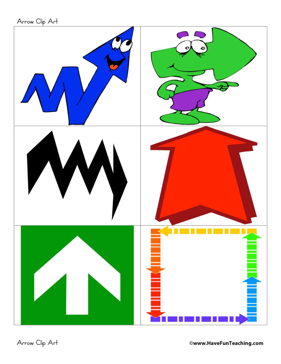 Two cartoon arrow characters with faces, a black zigzag, a red up arrow, a green sign arrow and a rainbow arrow square