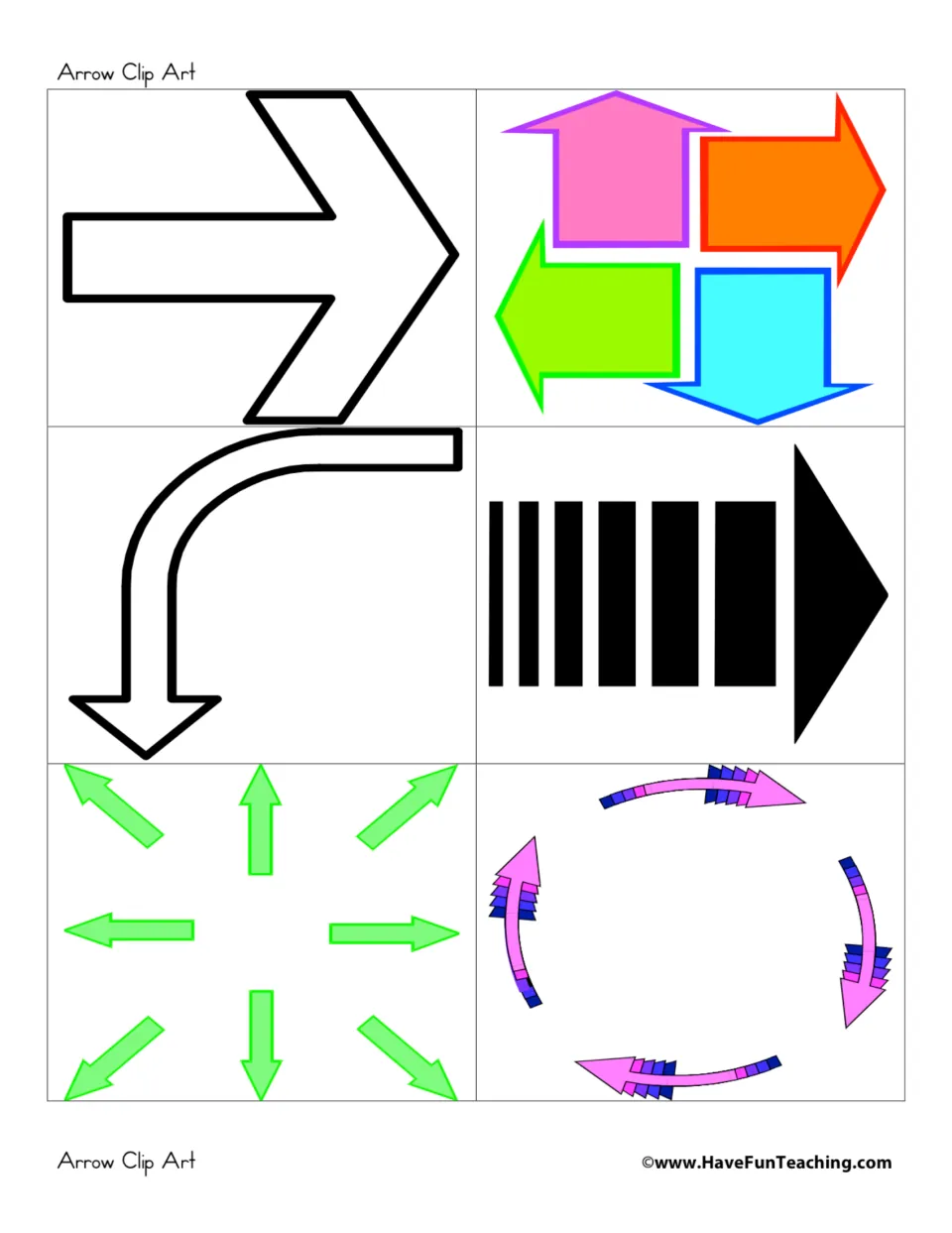 Black outline arrows, a four-way pinwheel, a striped black arrow, green arrows in eight directions and a pink cycle