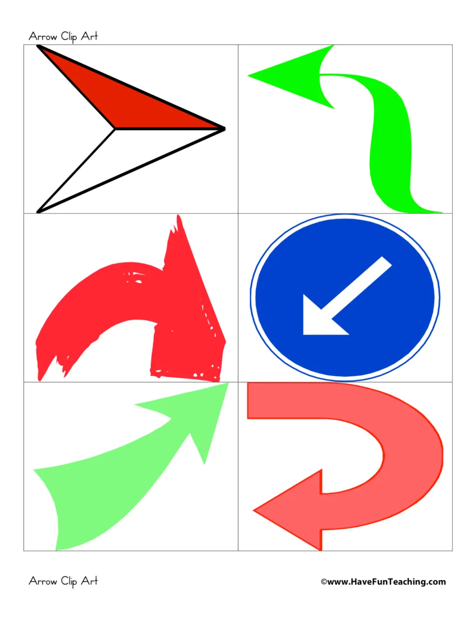 Six more arrows: red and white dart, green curving arrow, red brush stroke, blue round road sign, green swoosh, U-turn