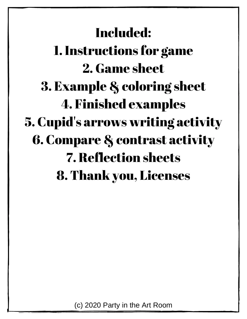 Contents list names game instructions, a game sheet, coloring and finished examples, writing, and reflection