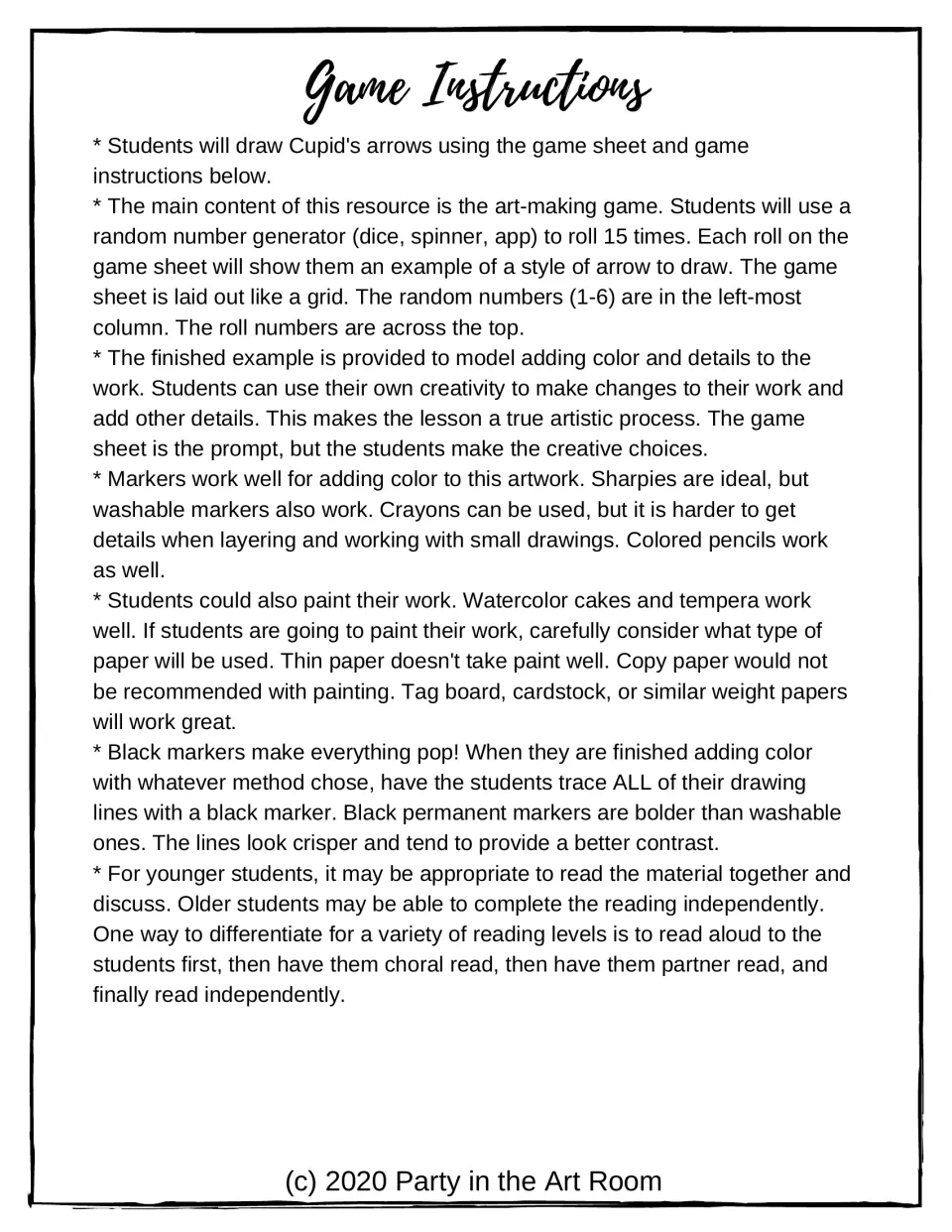 Game instructions explain 15 rolls to select arrows to draw, plus coloring materials and reading support