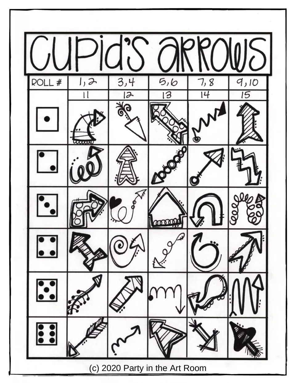 Cupid's arrows game sheet offers 30 arrow designs selected by dice results from 1 to 6 across 15 rolls