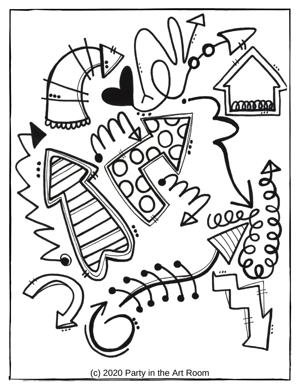 Black-and-white arrow composition serves as the lesson's example and coloring sheet, with varied designs