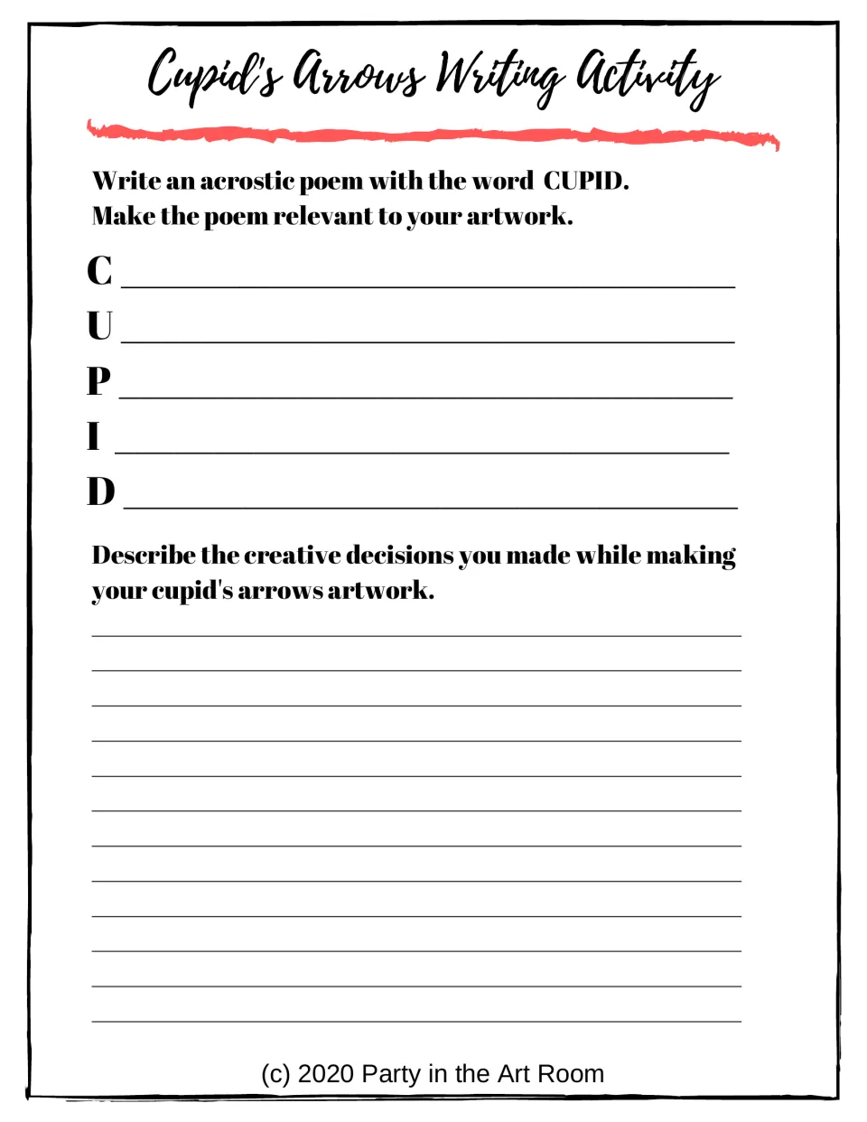 Writing activity asks students to create a CUPID acrostic about their artwork and explain creative decisions