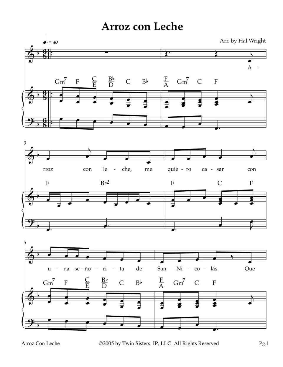 Arroz con Leche, measures 1-6: Spanish vocal line in 6/8 with piano accompaniment and chord symbols like Gm7, F, C