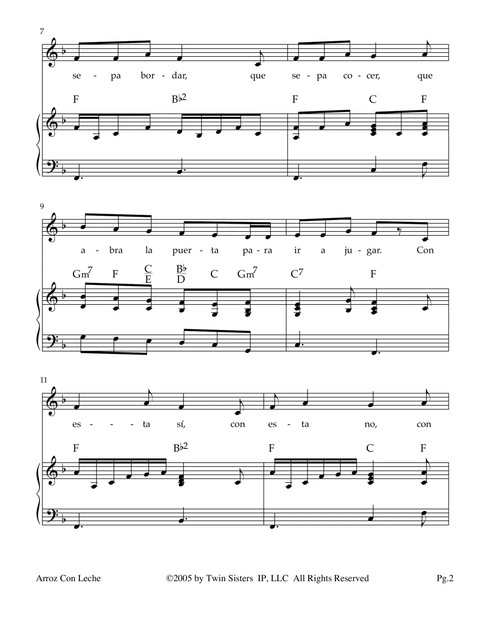 Song score, measures 7-12: Spanish lyrics 'que sepa bordar' and 'con esta sí, con esta no' over piano chords F, Bb2, C7