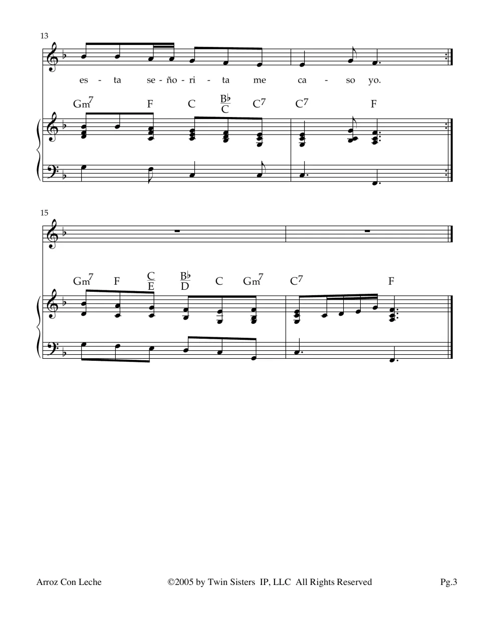 Song ending, measures 13-16: final lyric 'esta señorita me caso yo' with repeat sign, then a piano-only closing tag