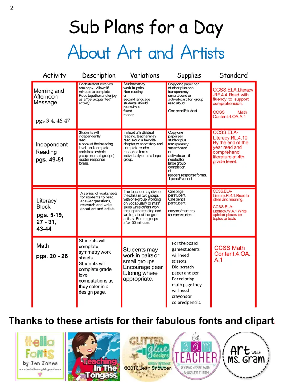 Sub plans giving each activity's description, variations, supplies and page numbers, plus thanks for fonts and clipart