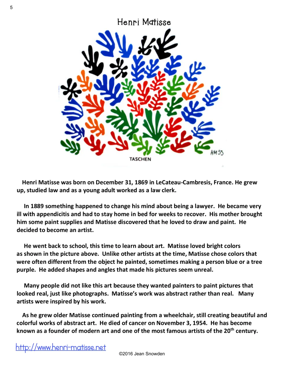 Henri Matisse biography reading with his colorful paper cutout La Gerbe, covering his law career, abstract style and legacy