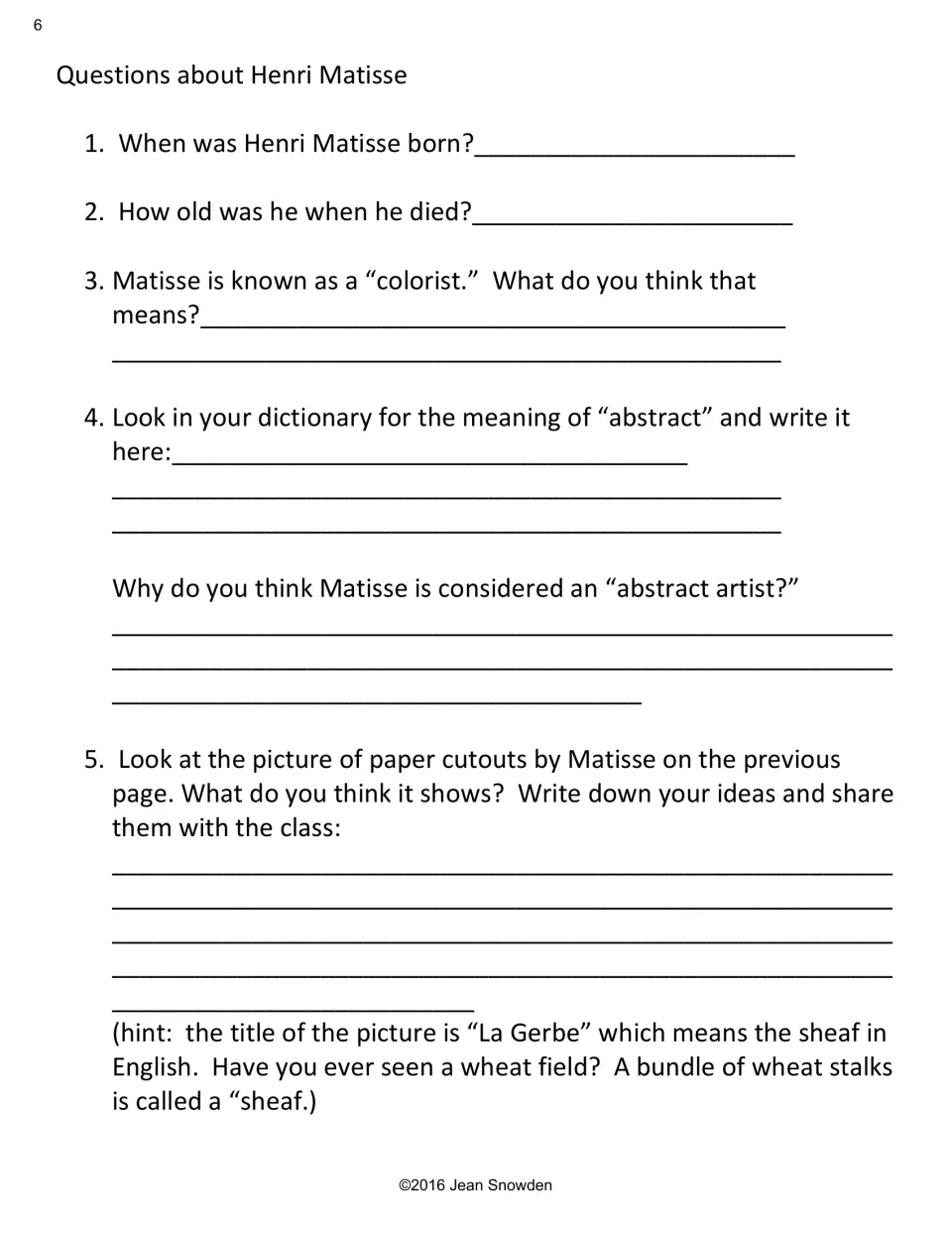 Questions about Henri Matisse: students recall dates, define abstract with a dictionary and interpret the La Gerbe cutout