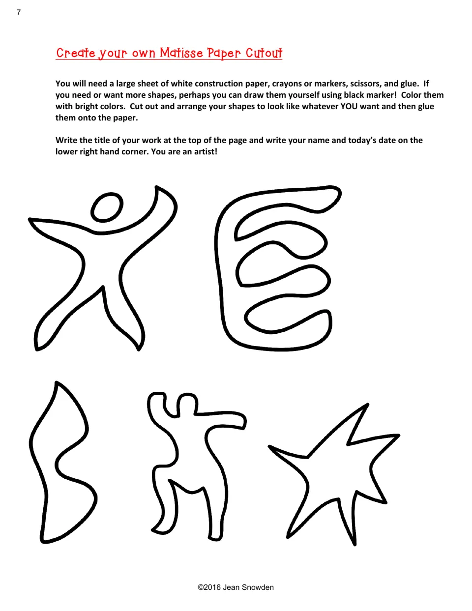 Create your own Matisse Paper Cutout: directions to color, cut and glue shapes, with outlined figure and star cut-out pieces