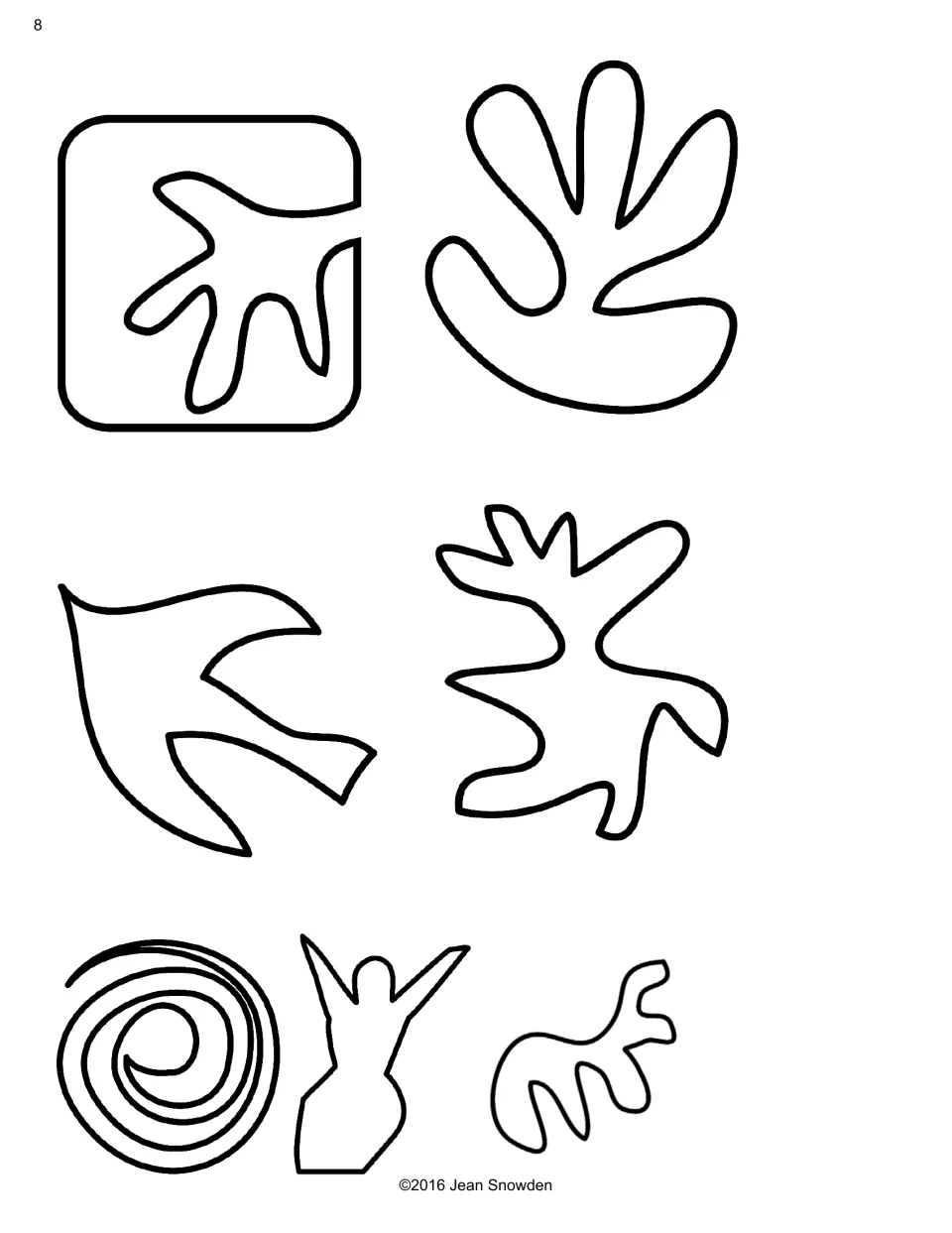 More Matisse-style cut-out pieces to color and cut: leaf, hand-like, bird, spiral and dancing figure outlines
