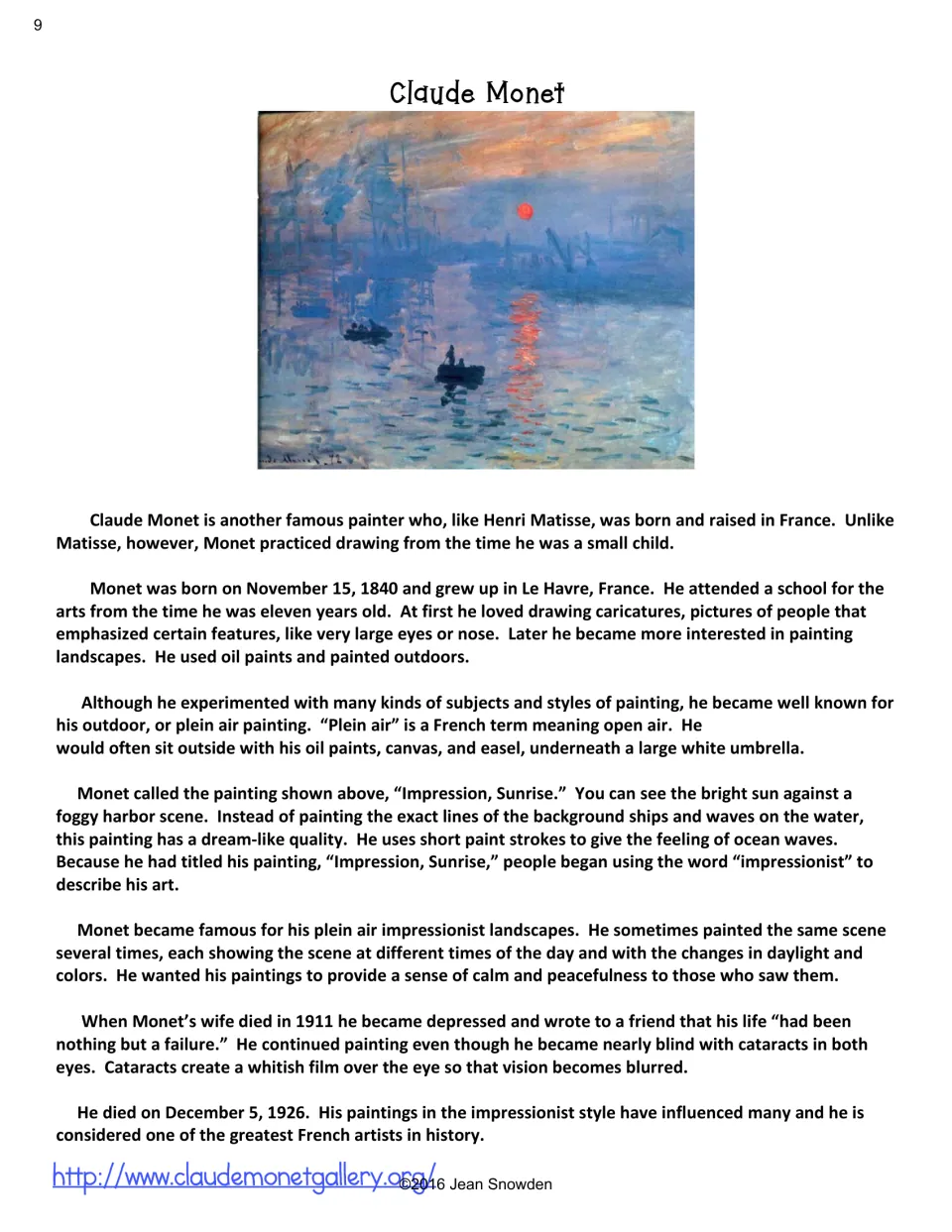Claude Monet biography reading with his painting Impression, Sunrise, explaining plein air painting and impressionism