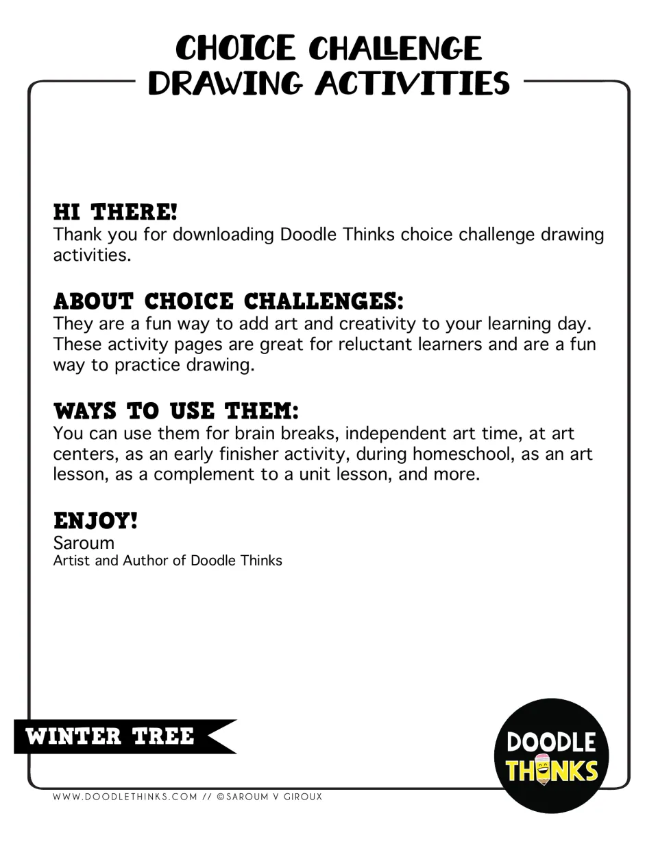 Choice Challenge Drawing Activities, Winter Tree: intro note on what choice challenges are and ways to use them in class