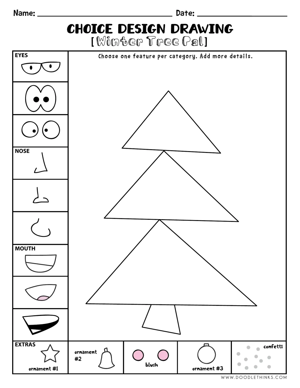 Winter Tree Pal: students pick eyes, nose and mouth plus extras like star, bell ornament and blush to decorate a tree