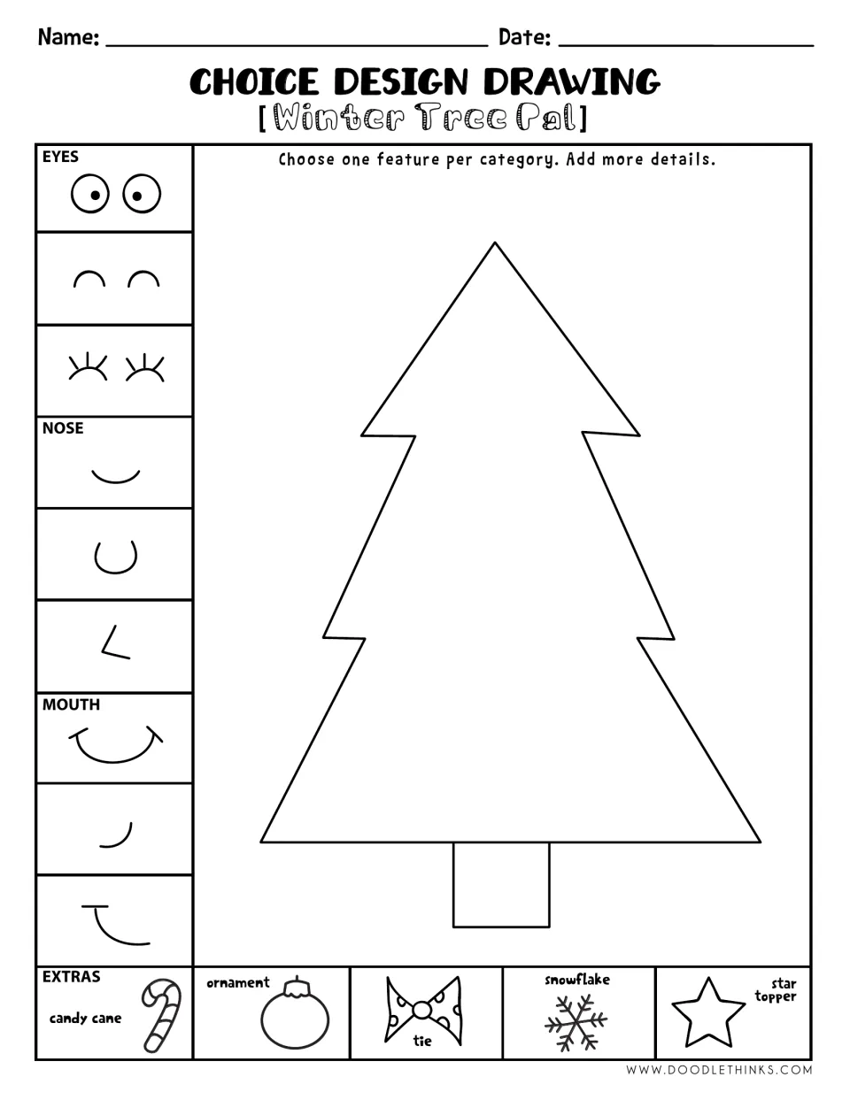 Winter Tree Pal, version 2: students choose eyes, nose and mouth for a pine tree and add a candy cane, tie or star topper