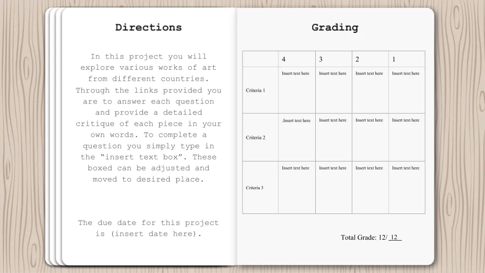 Art exploration directions for researching and critiquing artworks, plus a three-criterion grading rubric