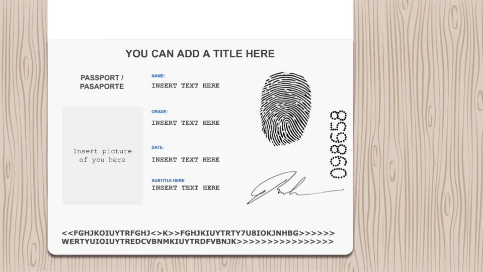 Student passport identification page with name, grade, date, photo, subtitle, and title placeholders
