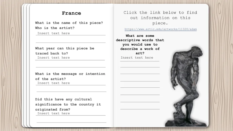 France artwork research page featuring Adam, a museum link, and questions about its artist, date, and meaning