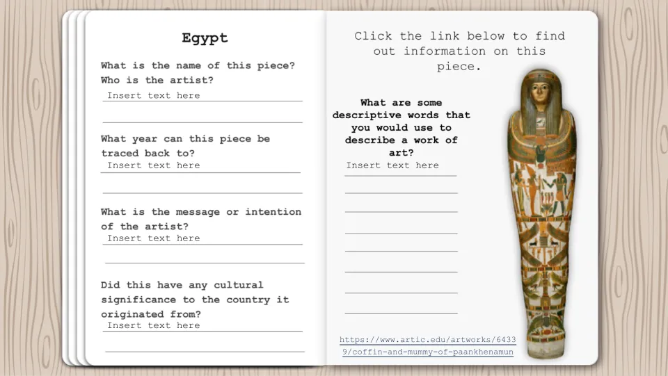 Egypt artwork research page featuring a coffin and mummy, a museum link, and cultural significance questions