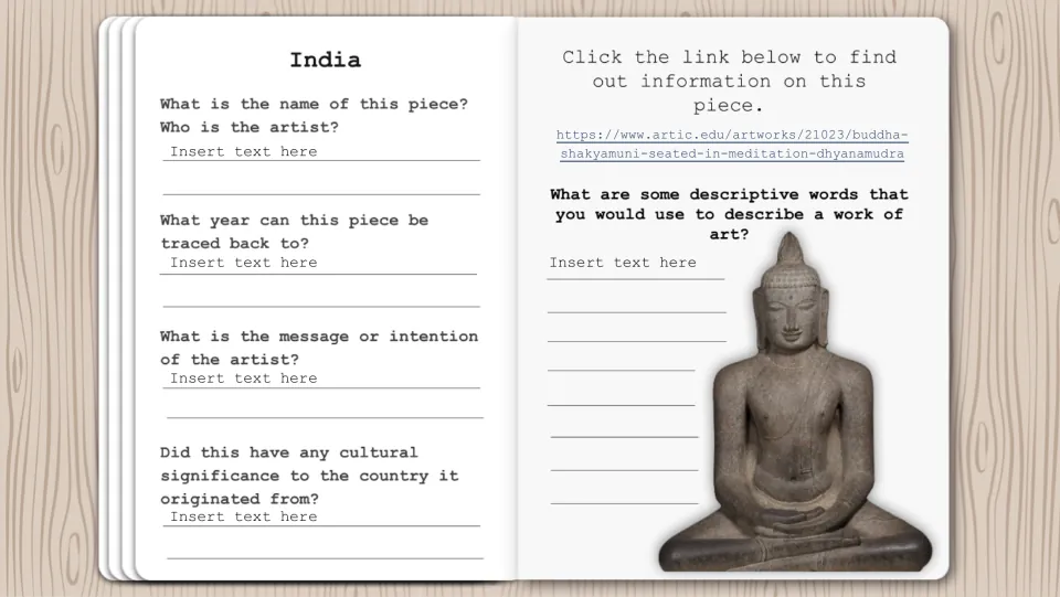 India artwork research page featuring a seated Buddha, a museum link, and prompts about meaning and description